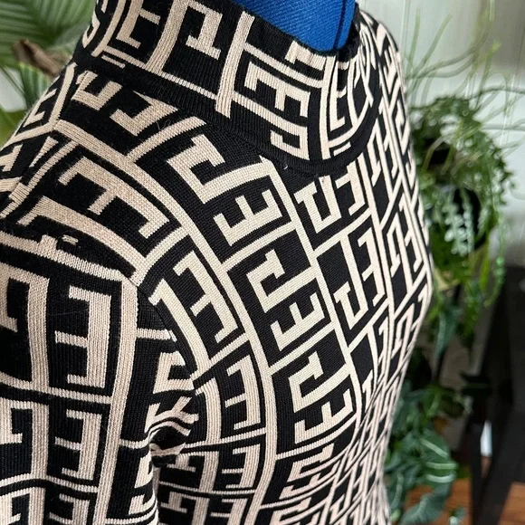 Geometric Mock Neck Long Sleeve Dress - Black & Cream - Picture 5 of 8